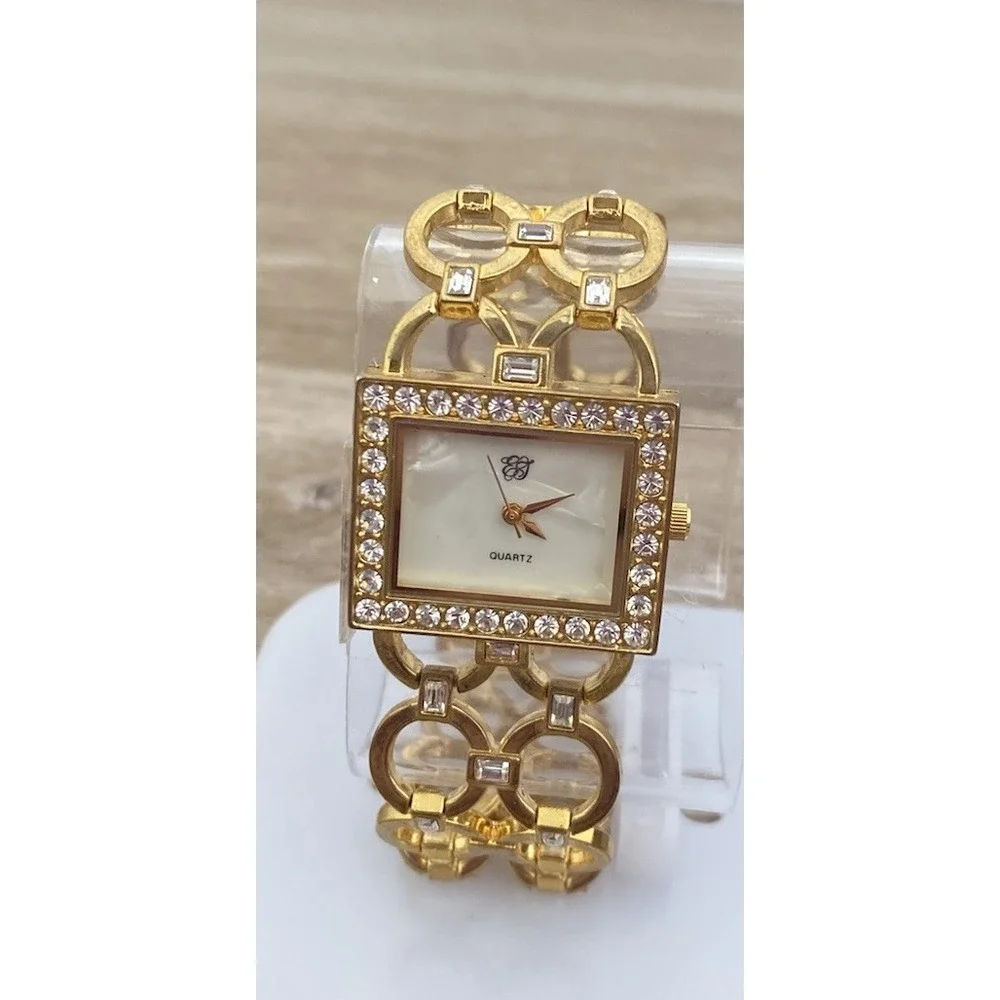 Gold Tone EJ Quartz Watch With Rhinestone Accents Womens Geometric Circular Wide